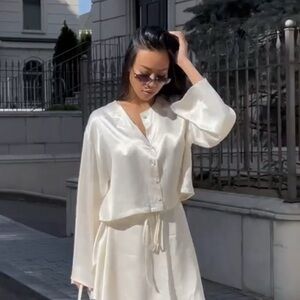 Elegant Cream Satin Blouse and Skirt Set